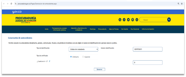 Pantalla generación certificado